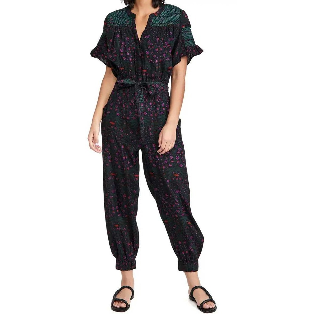 Roller Rabbit Rhone Niana Jumpsuit Black Floral Smocked Boho Womens Large
